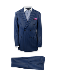 Wool Stretch Stripe Double Breasted Peak Lapel Suit - Blue