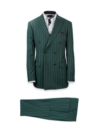 Wool Stretch Stripe Double Breasted Peak Lapel Suit - Dark Green