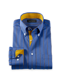 Comfort Stretch Non-Iron Stripe Dress Shirt With Contrast Trim - Navy/gold