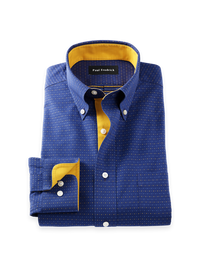 Comfort Stretch Non-Iron Dot Dress Shirt With Contrast Trim - Navy/gold