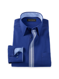 Comfort Stretch Non-Iron Solid Dress Shirt With Contrast Trim - Blue