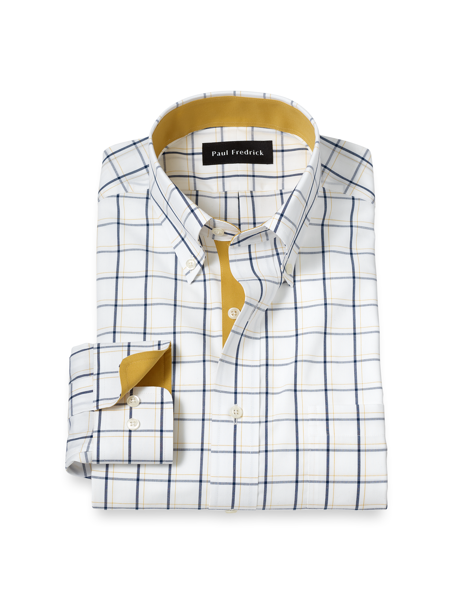 Product Image of Non-iron Cotton Windowpane Dress Shirt With Contrast Trim-Navy/Gold