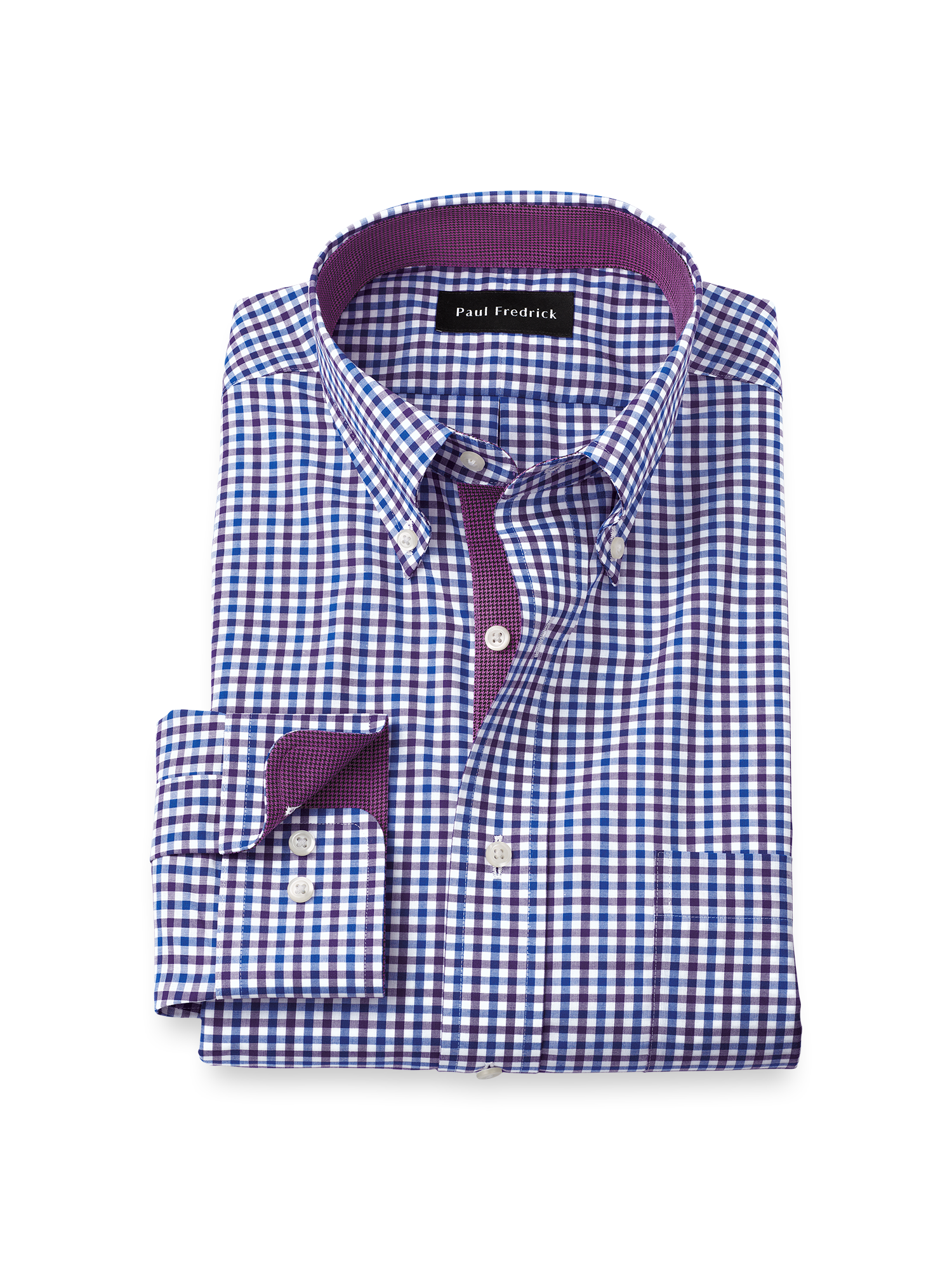 Product Image of Non-iron Cotton Gingham Dress Shirt With Contrast Trim-Blue/Purple