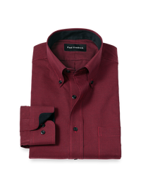 Non-Iron Cotton Houndstooth Dress Shirt With Contrast Trim - Black/red