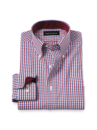 Non-Iron Cotton Gingham Dress Shirt With Contrast Trim - Blue/red