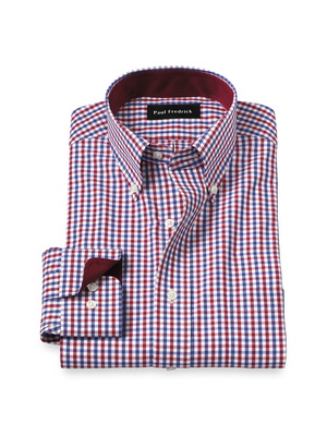 Non-Iron Cotton Gingham Dress Shirt With Contrast Trim - Blue/red