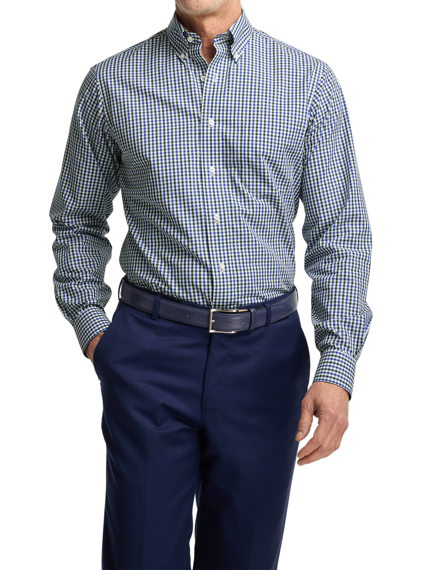 Non-Iron Cotton Gingham Dress Shirt With Contrast Trim - Blue/green
