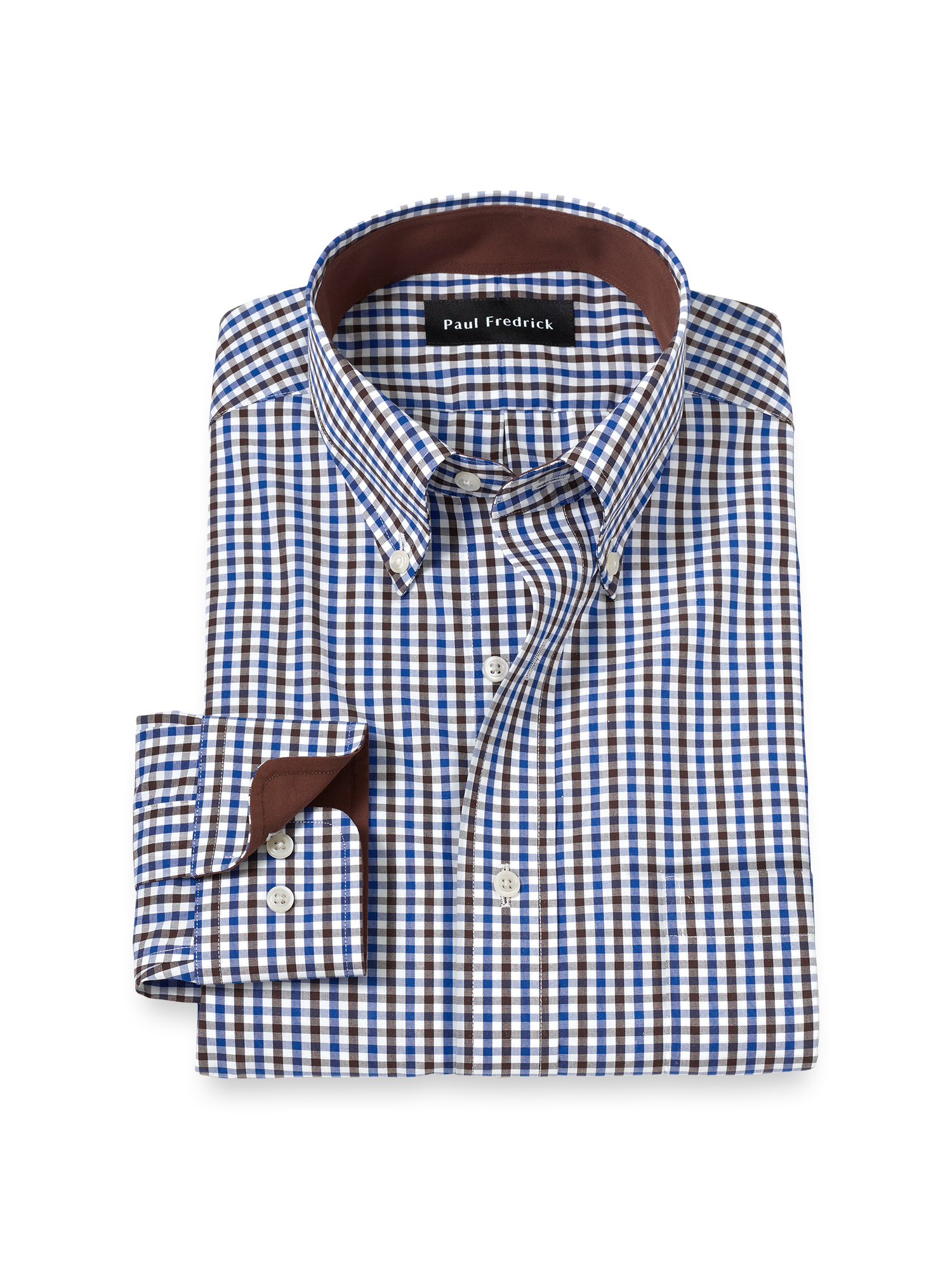 Product Image of Non-iron Cotton Gingham Dress Shirt With Contrast Trim-Blue/Brown