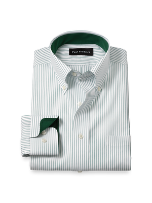Non-Iron Cotton Stripe Dress Shirt With Contrast Trim - Green