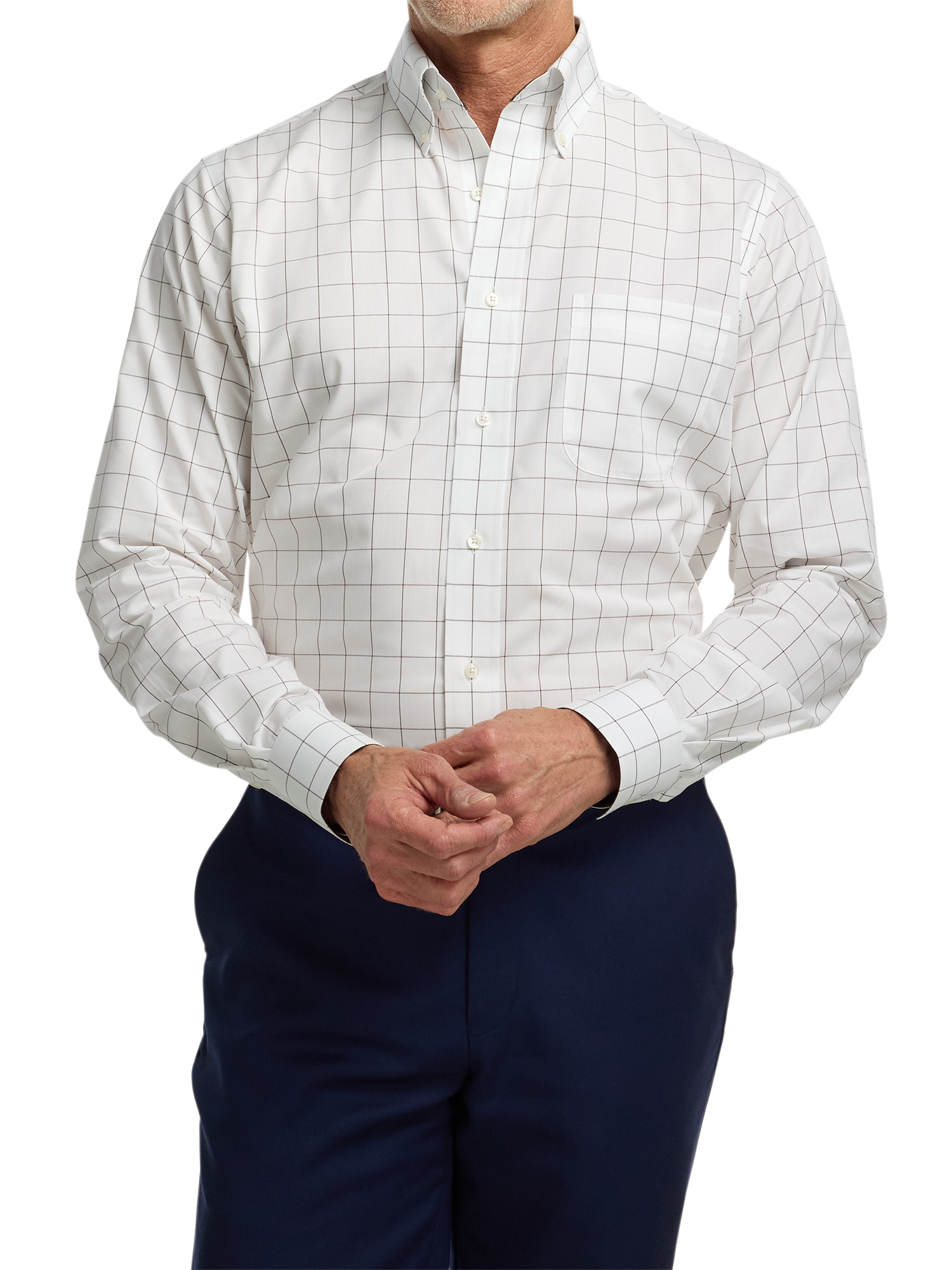 Non-Iron Cotton Windowpane Dress Shirt With Contrast Trim - Brown