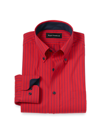 Non-Iron Cotton Stripe Dress Shirt With Contrast Trim - Red