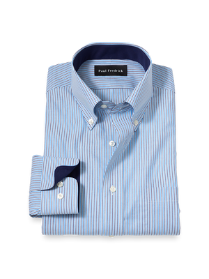 Non-Iron Cotton Stripe Dress Shirt With Contrast Trim - Blue