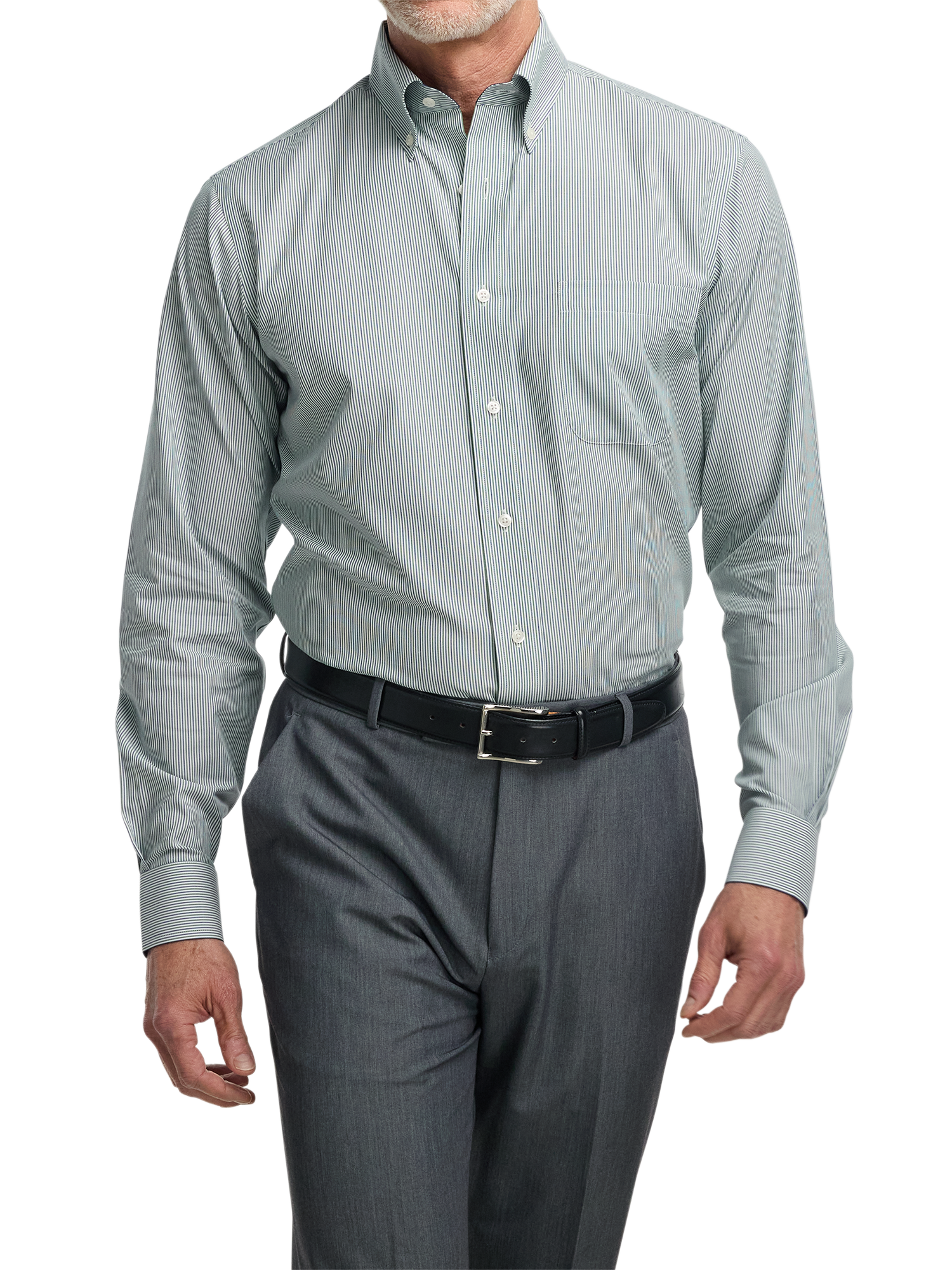 Non-Iron Cotton Stripe Dress Shirt With Contrast Trim - Green