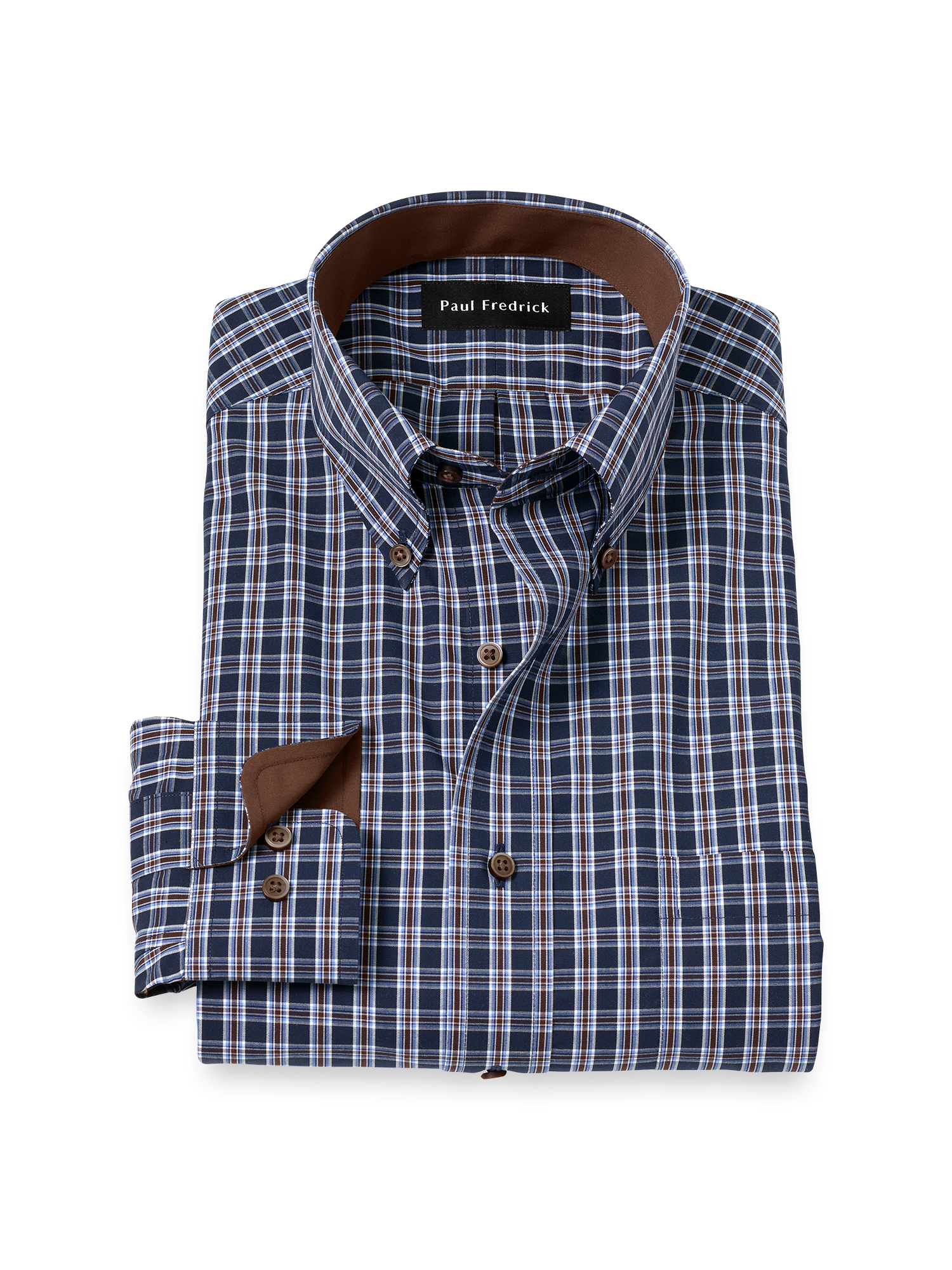 Product Image of Non-iron Cotton Plaid Dress Shirt With Contrast Trim-Navy/Brown