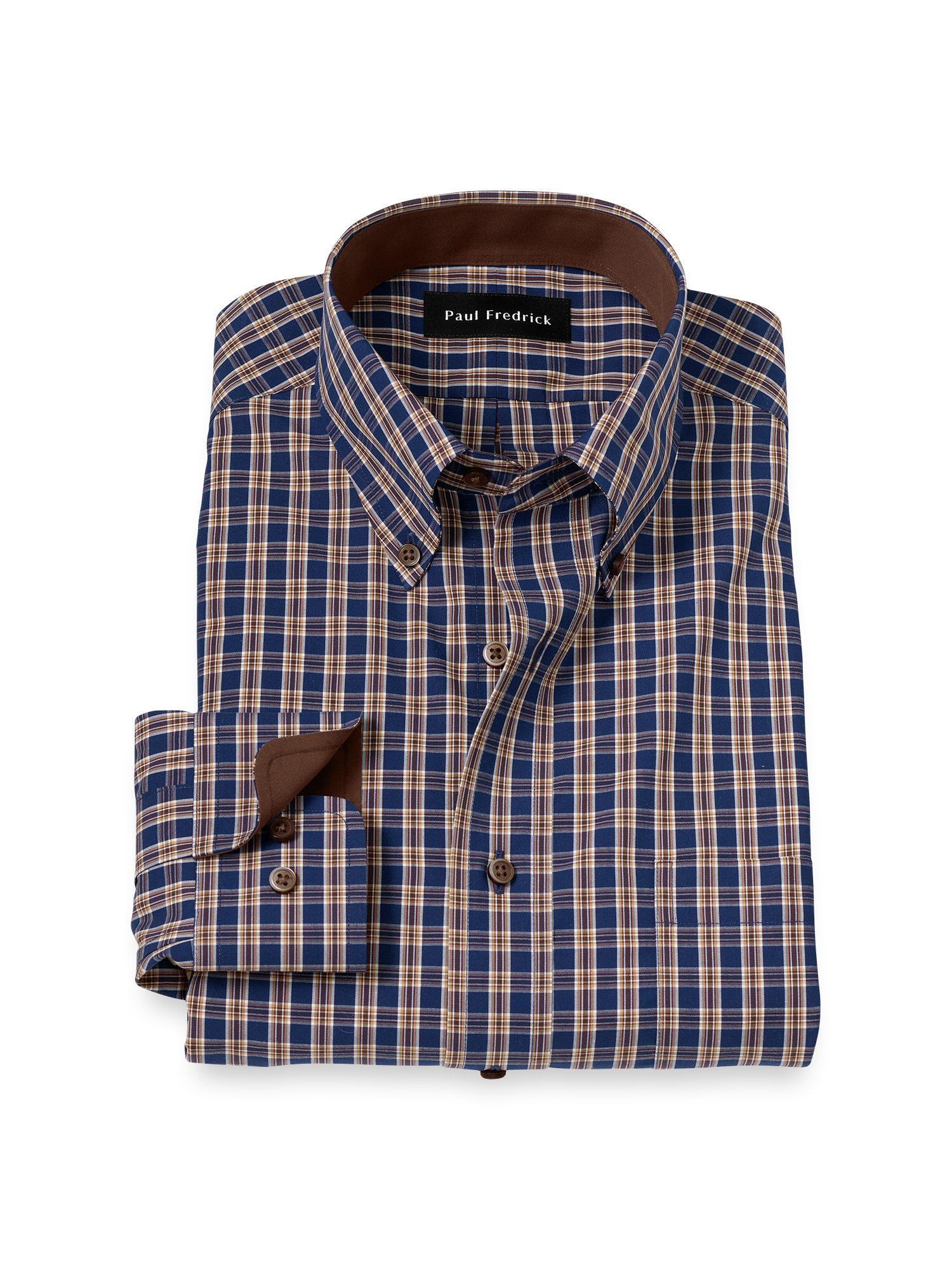Product Image of Non-iron Cotton Plaid Dress Shirt With Contrast Trim-Blue/Brown