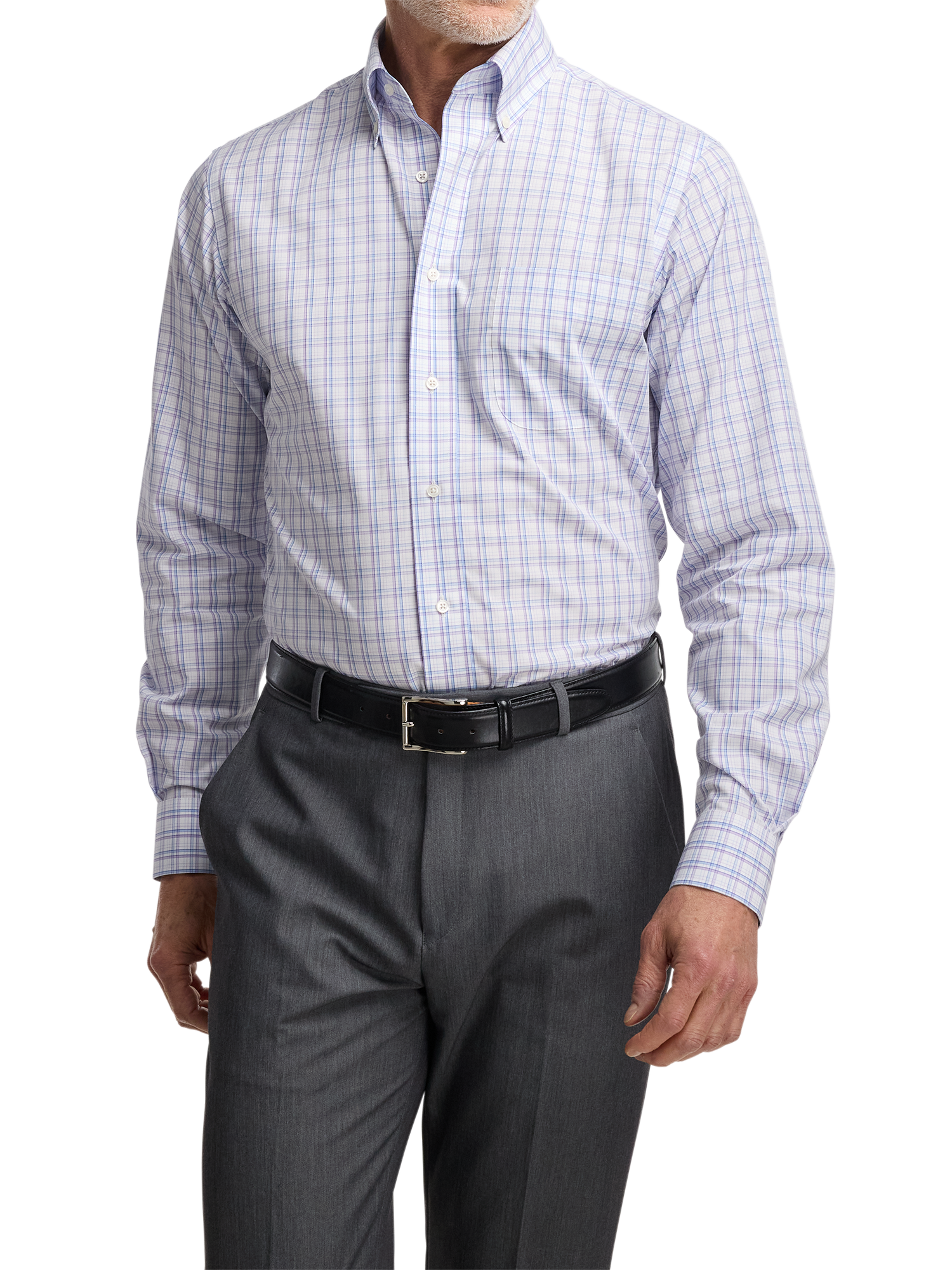 Non-Iron Cotton Plaid Dress Shirt With Contrast Trim - Blue/purple