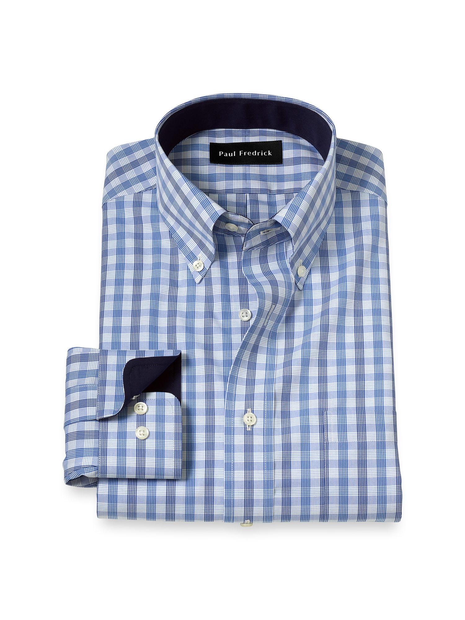 Product Image of Non-iron Cotton Plaid Dress Shirt With Contrast Trim-Blue