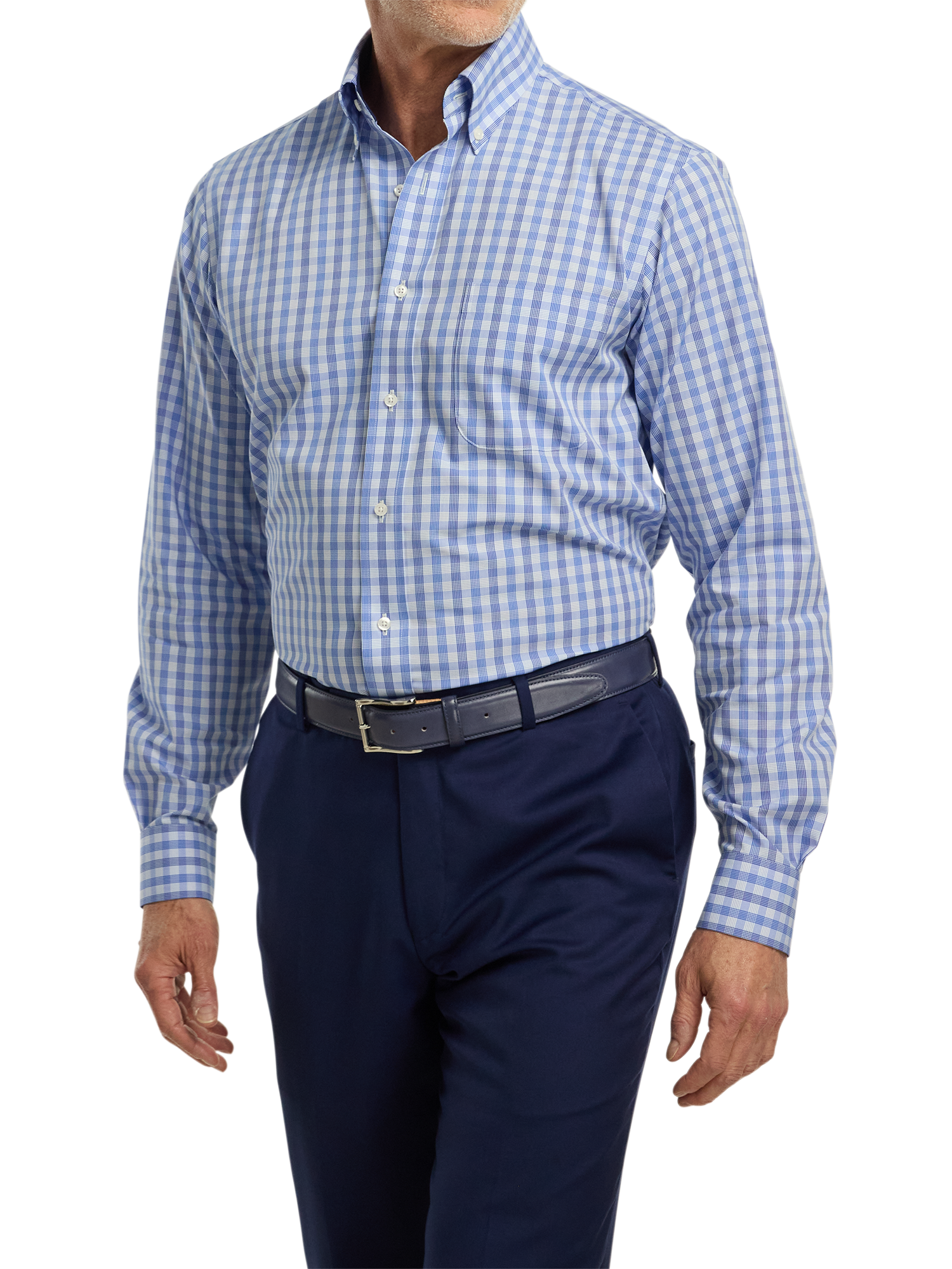 Non-Iron Cotton Plaid Dress Shirt With Contrast Trim - Blue