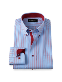 Comfort Stretch Non-Iron Stripe Dress Shirt With Contrast Trim - Blue/red
