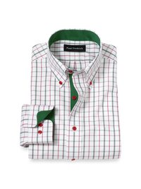 Comfort Stretch Non-Iron Windowpane Dress Shirt With Contrast Trim - Green