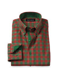 Comfort Stretch Non-Iron Check Dress Shirt With Contrast Trim - Green/rust