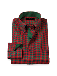 Comfort Stretch Non-Iron Plaid Dress Shirt With Contrast Trim - Red/green