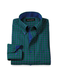 Comfort Stretch Non-Iron Plaid Dress Shirt With Contrast Trim - Green/blue