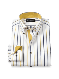 Comfort Stretch Non-Iron Stripe Dress Shirt With Contrast Trim - Navy/gold