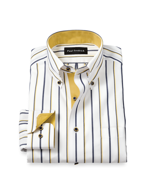 Comfort Stretch Non-Iron Stripe Dress Shirt With Contrast Trim - Navy/gold