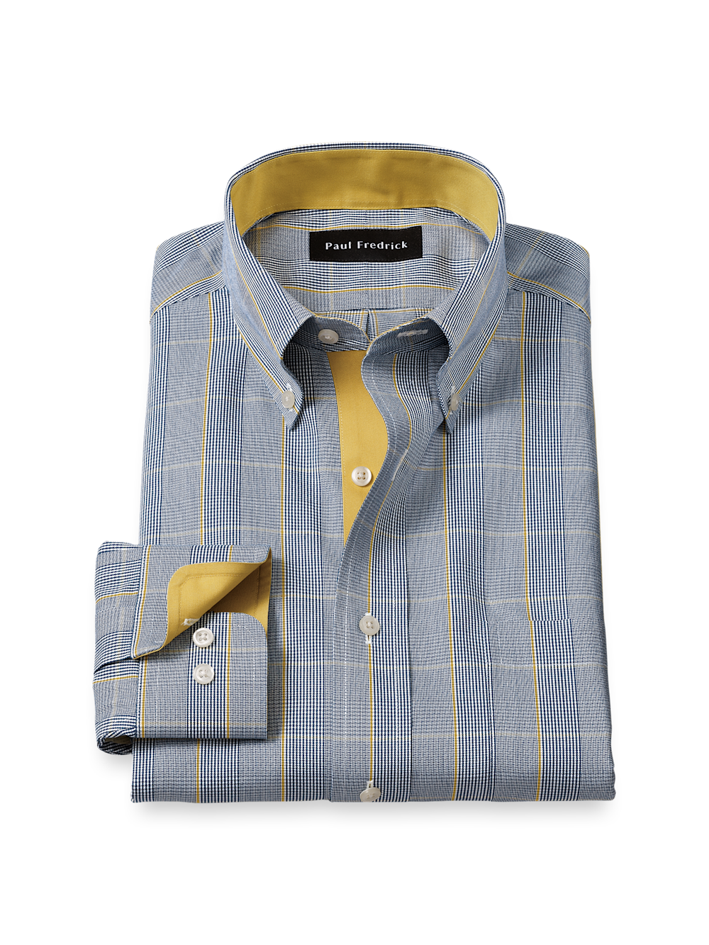Product Image of Comfort Stretch Non-iron Plaid Dress Shirt With Contrast Trim-Navy/Gold