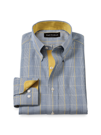Comfort Stretch Non-Iron Plaid Dress Shirt With Contrast Trim - Navy/gold