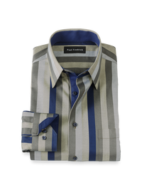 Comfort Stretch Non-Iron Stripe Dress Shirt With Contrast Trim - Olive Multi