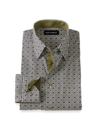 Comfort Stretch Non-Iron Check Dress Shirt With Contrast Trim - Olive Multi