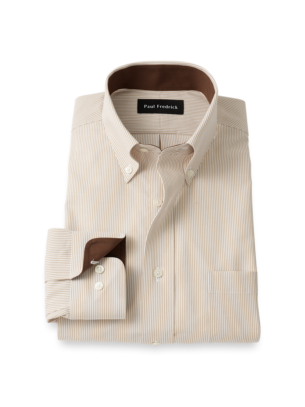 Product Image of Non-iron Cotton Stripe Dress Shirt With Contrast Trim-Tan