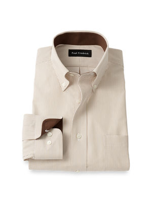 Non-Iron Cotton Stripe Dress Shirt With Contrast Trim - Tan