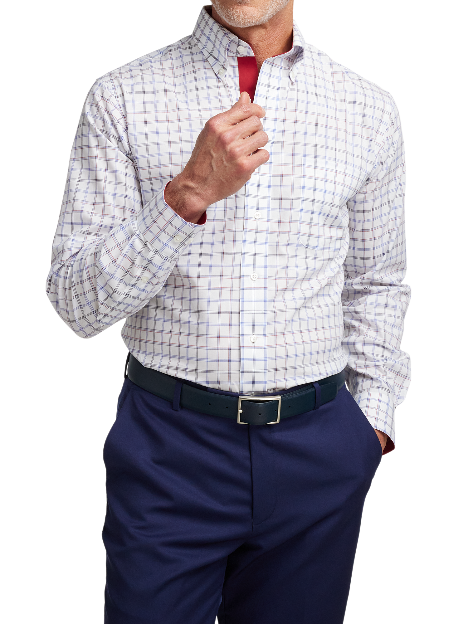 Non-Iron Cotton Check Dress Shirt With Contrast Trim - Blue/red