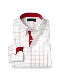 Non-Iron Cotton Windowpane Dress Shirt With Contrast Trim - Red
