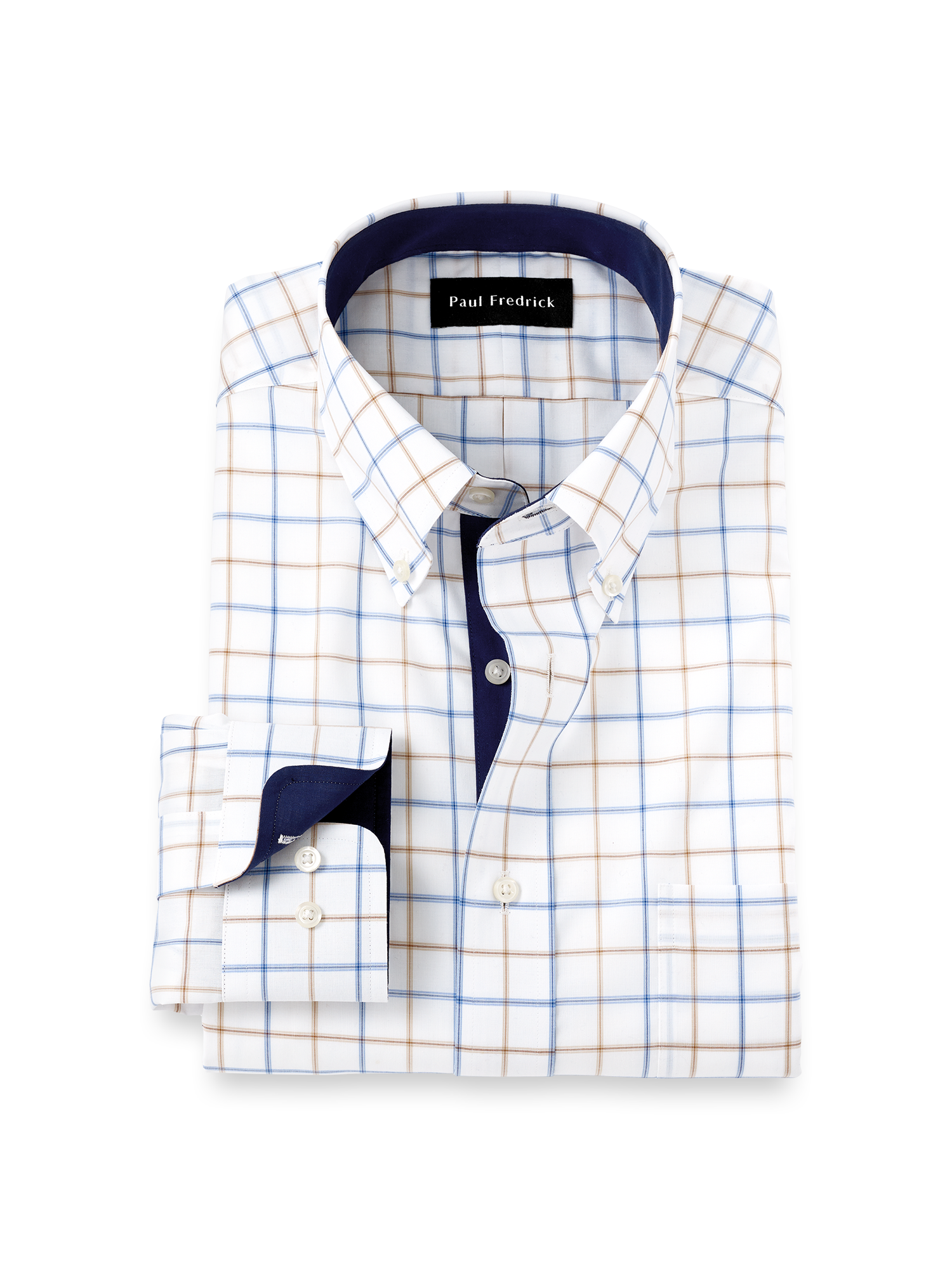Product Image of Non-iron Cotton Check Dress Shirt With Contrast Trim-Blue/Tan