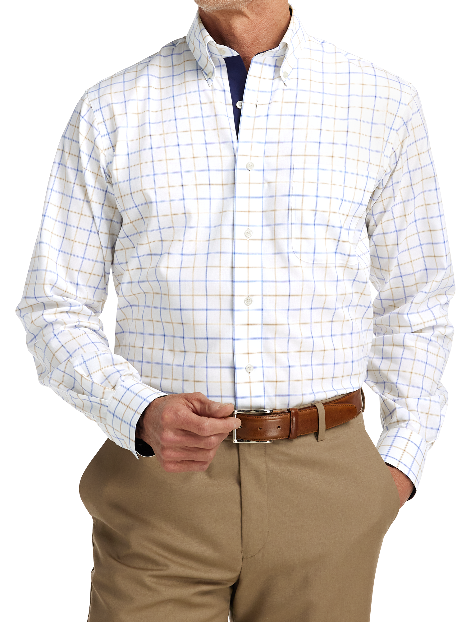 Non-Iron Cotton Check Dress Shirt With Contrast Trim - Blue/tan