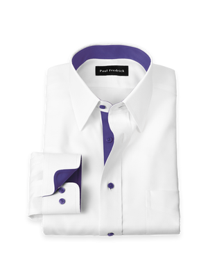 Comfort Stretch Non-Iron Solid Dress Shirt With Contrast Trim - White/purple