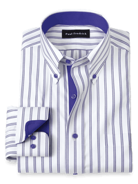 Comfort Stretch Non-Iron Stripe Dress Shirt With Contrast Trim - Purple