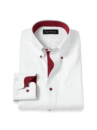 Comfort Stretch Non-Iron Solid Dress Shirt With Contrast Trim - White/burgundy