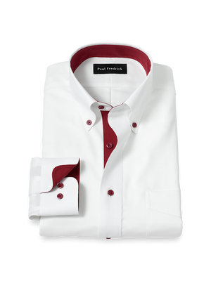 Comfort Stretch Non-Iron Solid Dress Shirt With Contrast Trim - White/burgundy