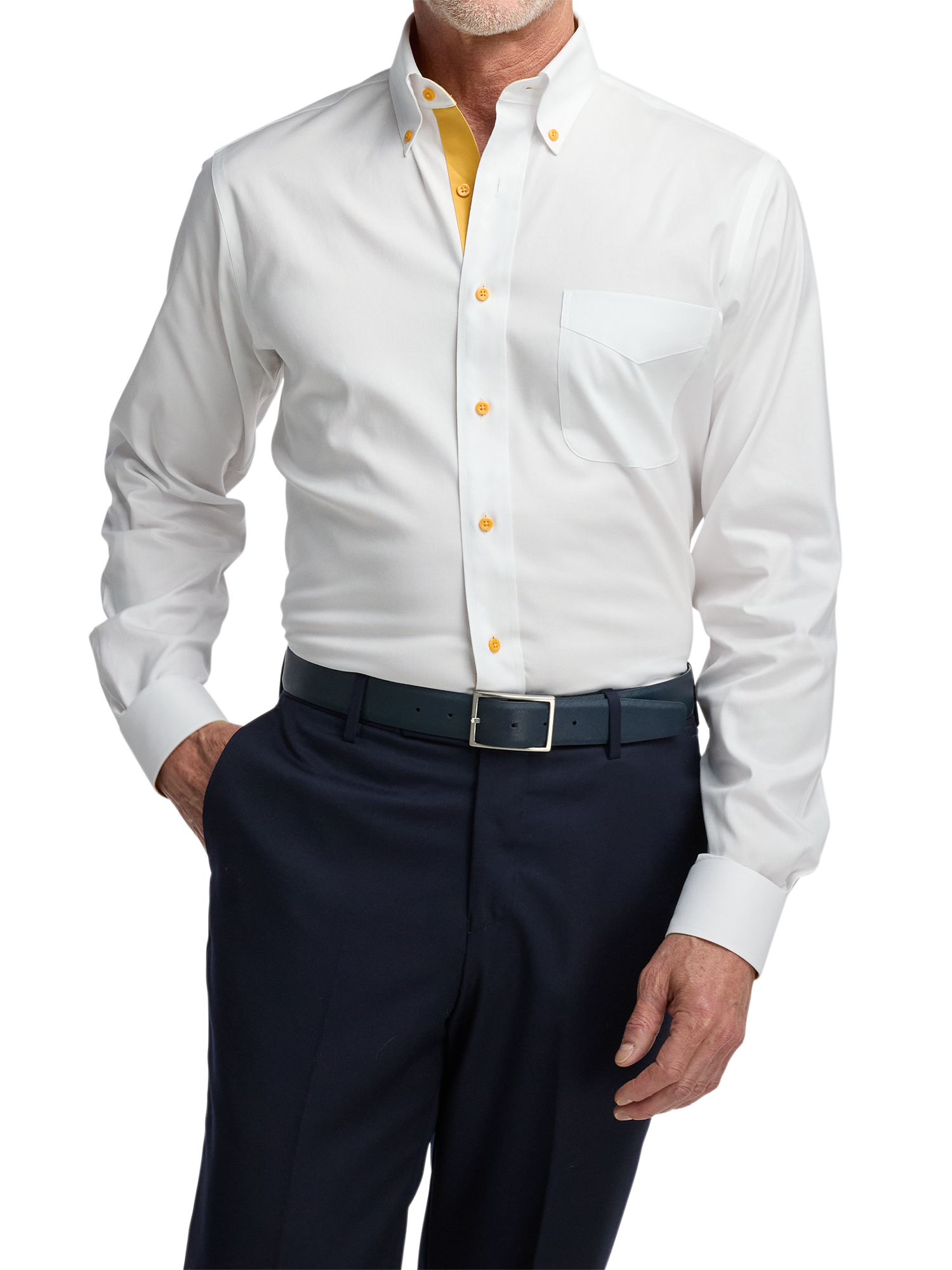 Comfort Stretch Non-Iron Solid Dress Shirt With Contrast Trim - White/gold