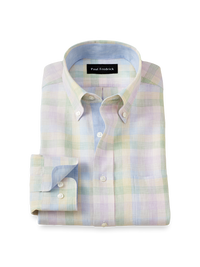 Non-Iron Linen Plaid Dress Shirt With Contrast Trim - Multi