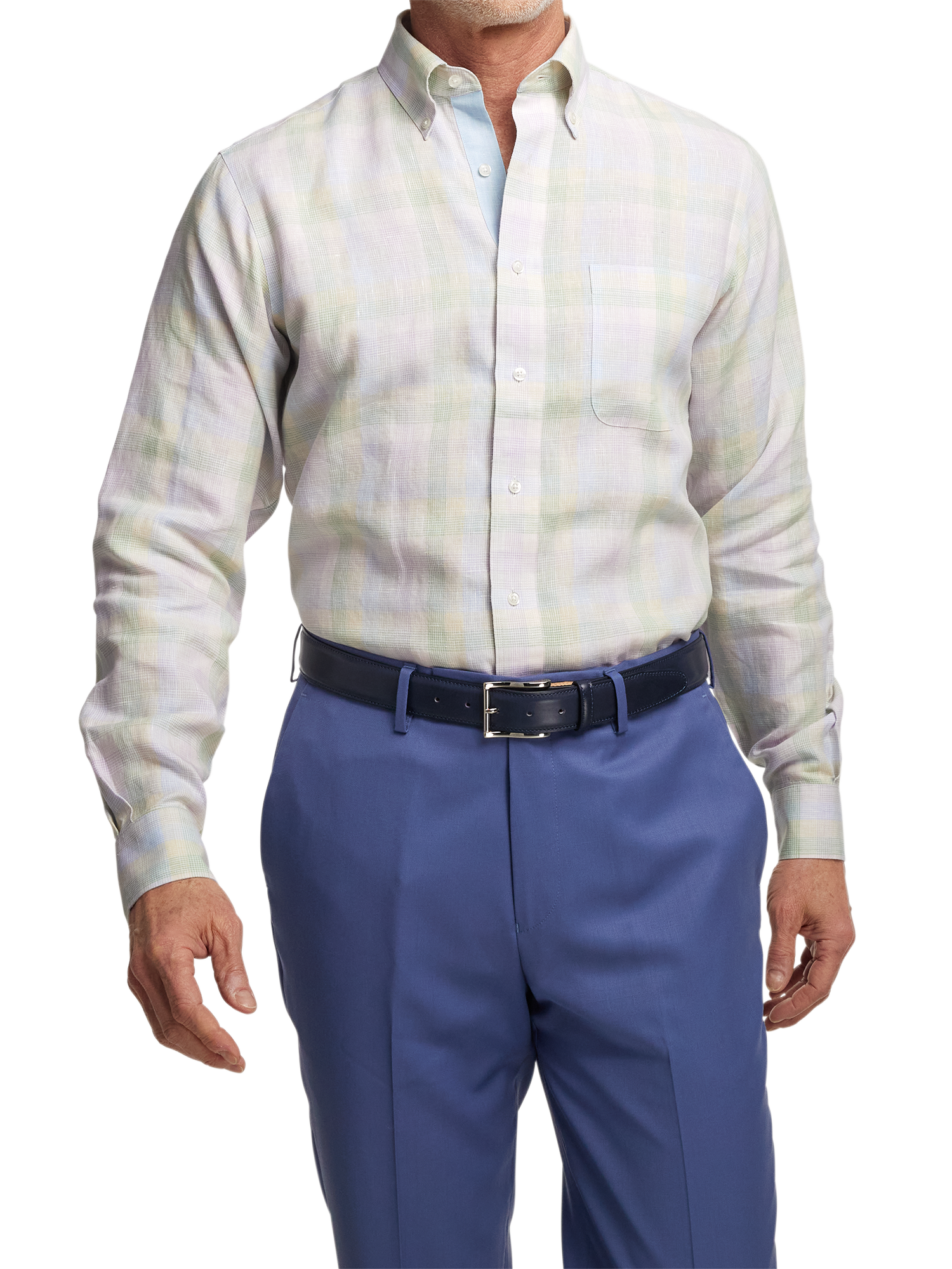 Non-Iron Linen Plaid Dress Shirt With Contrast Trim - Multi