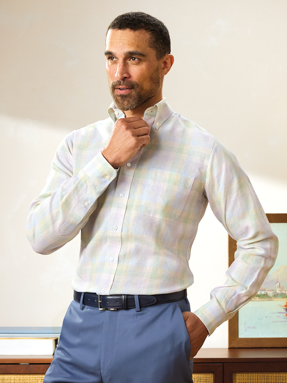 Alternate Image of Non-iron Linen Plaid Dress Shirt With Contrast Trim-7