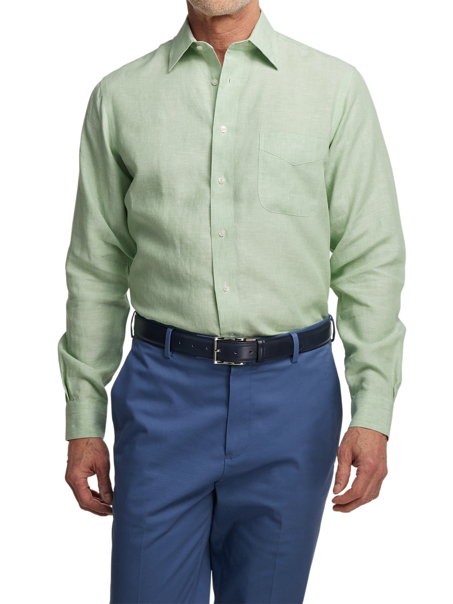 Non-Iron Linen Solid Dress Shirt With Contrast Trim - Green