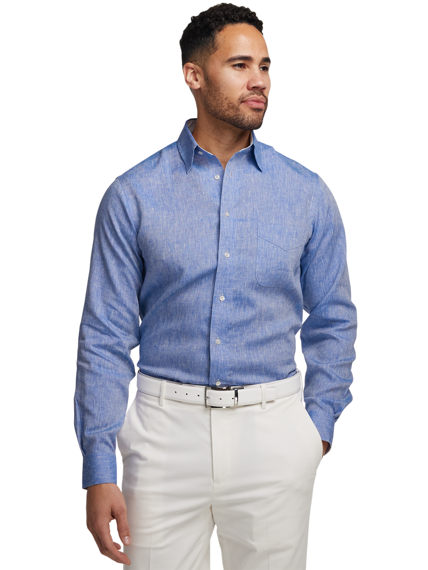 Non-Iron Linen Solid Dress Shirt With Contrast Trim - Dark Blue
