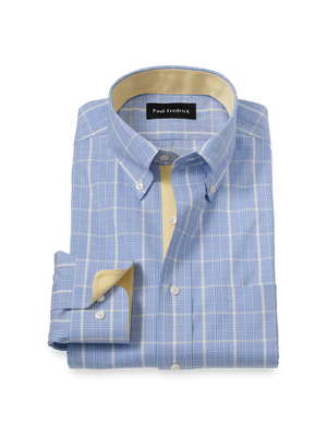 Comfort Stretch Non-Iron Glen Plaid Dress Shirt With Contrast Trim - Blue
